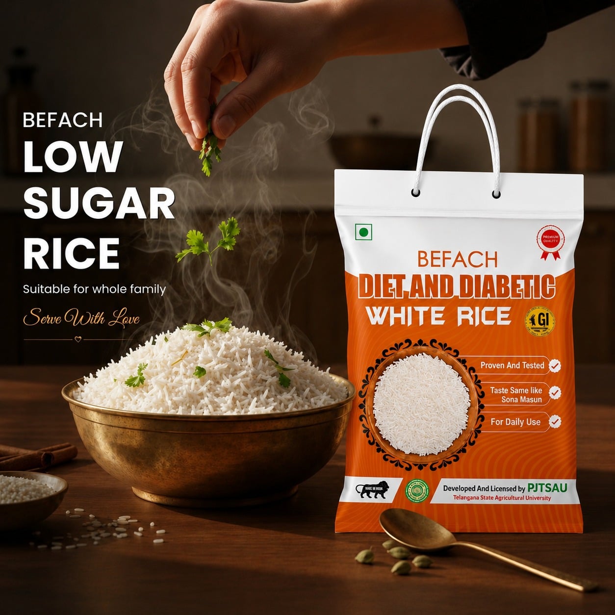 Cooked Sona Masoori rice with the Befach pack in a kitchen